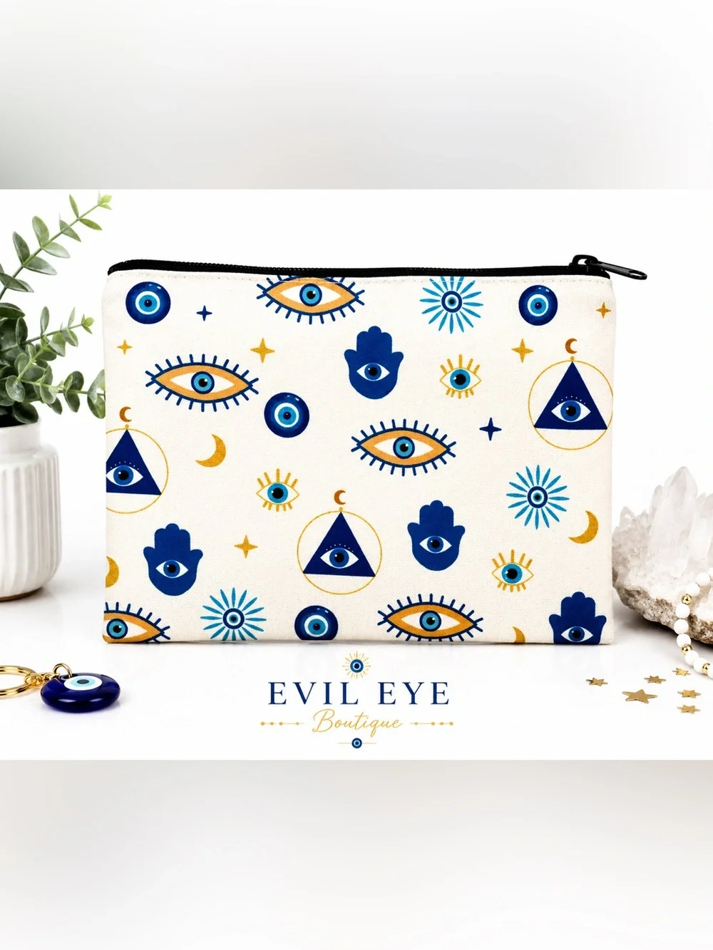 🧿🪬White & Blue Printed Cosmetic Bag🪬🧿